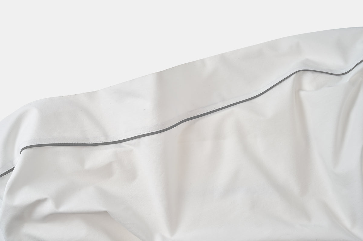 Closeup Of Hem Bed Sheet Set Grey Classic Piping Design Cotton Made in USA
