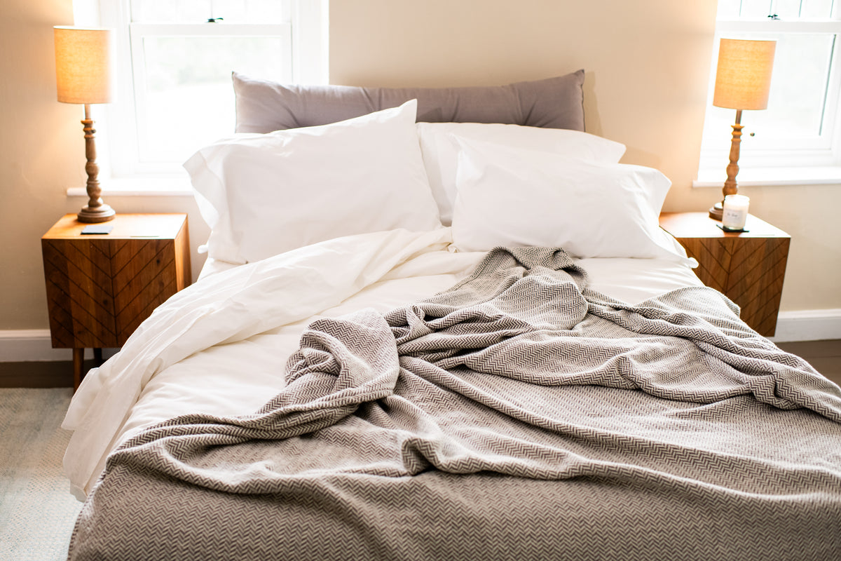 Bed with Folded Blanket Mountain Grey  Herringbone Weave Cotton Made in USA