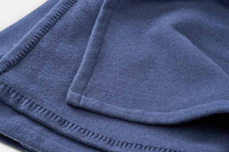 Closeup of Hem Blue Steel Soft Lightweight Blanket 100% Virgin Wool Made in USA