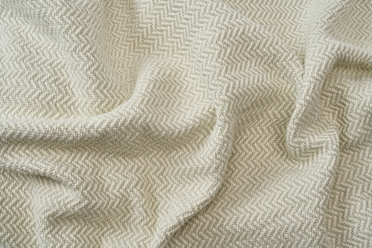 Closeup Folded Blanket Green Herringbone Weave Cotton Made in USA