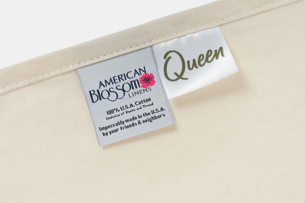 Closeup of Label Color Natural Bed Sheet Set Percale Natural Cotton Made in USA