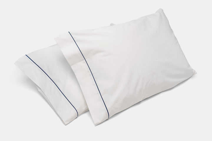 Two Bed Pillow Cases Covers Classic Blue Piping Design Cotton Made in USA 