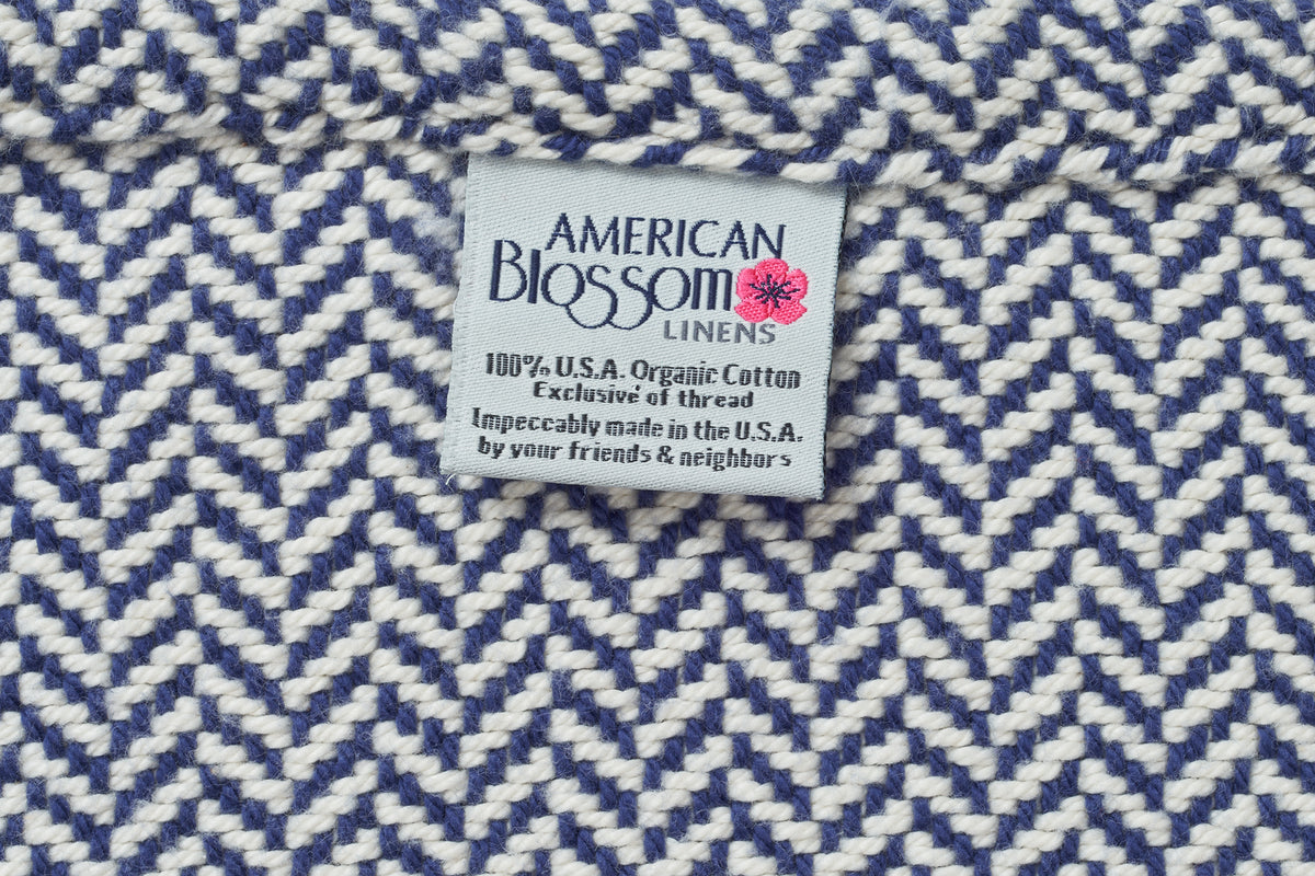 Folded Blanket Tag Blue  Herringbone Weave Cotton Made in USA