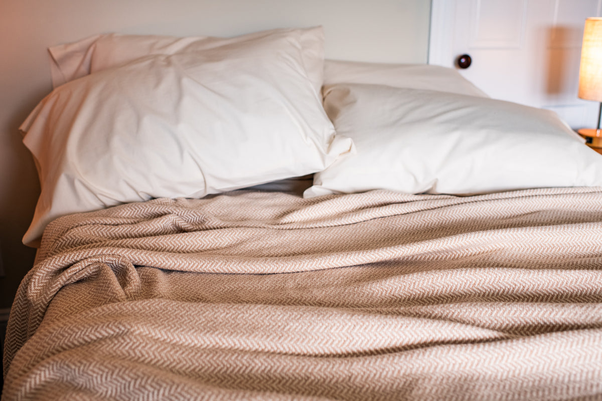 Folded Blanket on Bed American Harvest  Herringbone Weave Cotton Made in USA