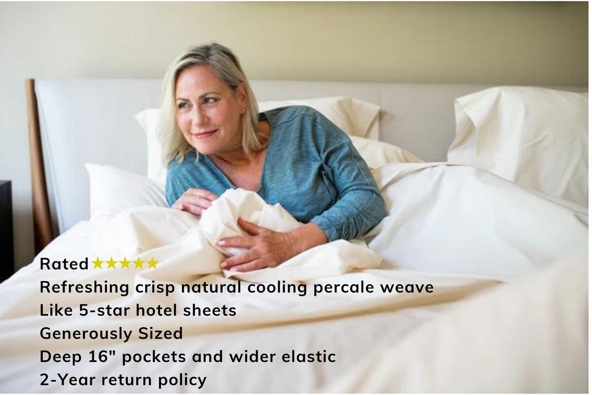 Woman Sitting in Bed Color Natural Bed Sheet Set Percale Natural Cotton Made in USA
