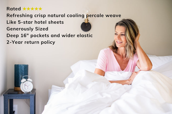 Woman Sitting in Bed Color White Bed Sheet Set Percale Natural Cotton Made in USA