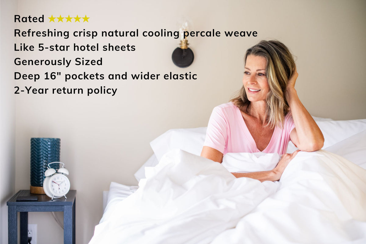 Woman Sitting in Bed Color White Bed Sheet Set Percale Natural Cotton Made in USA