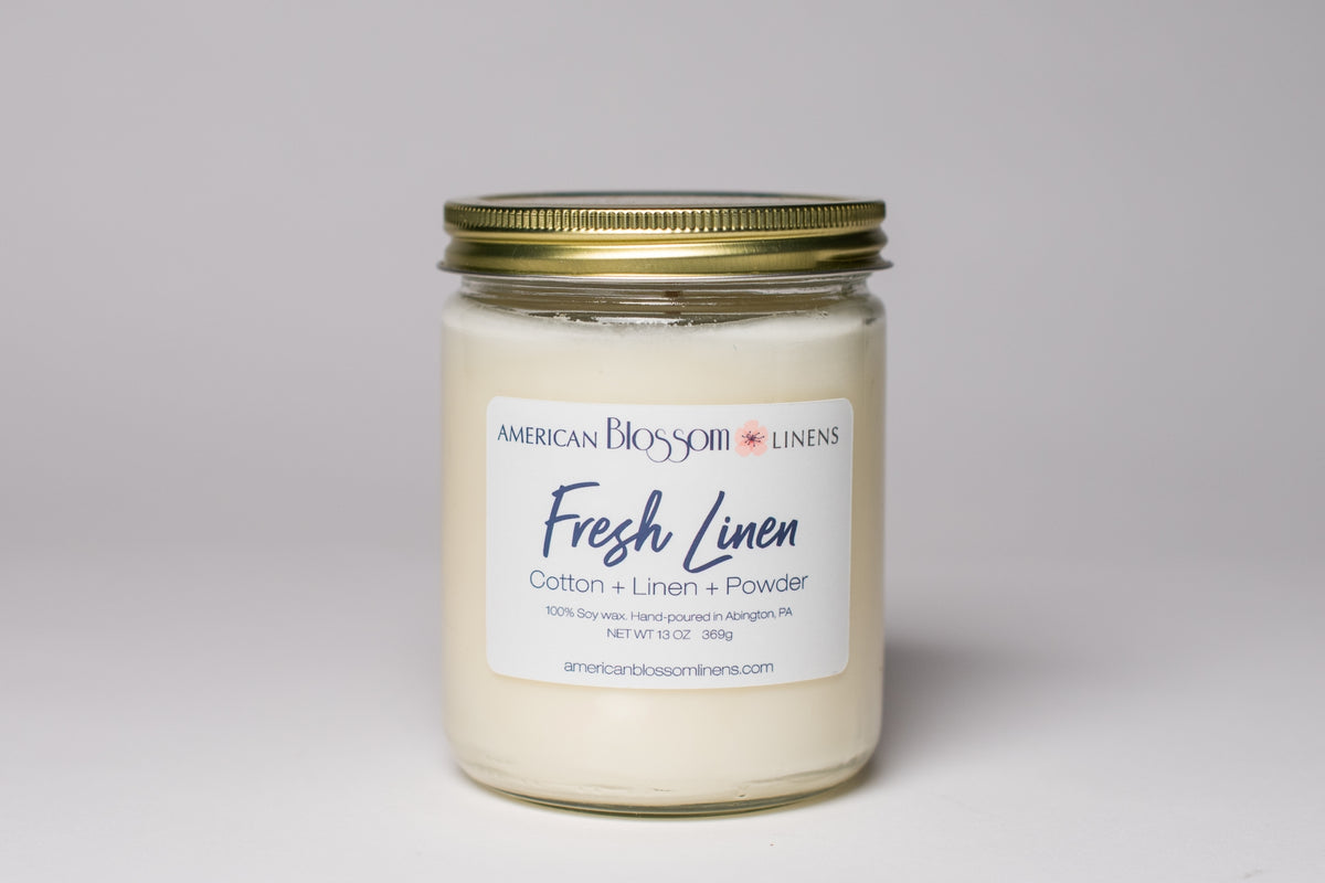 American Blossom Linens Fresh Linen Candle 100% Soy hand poured in the USA.
