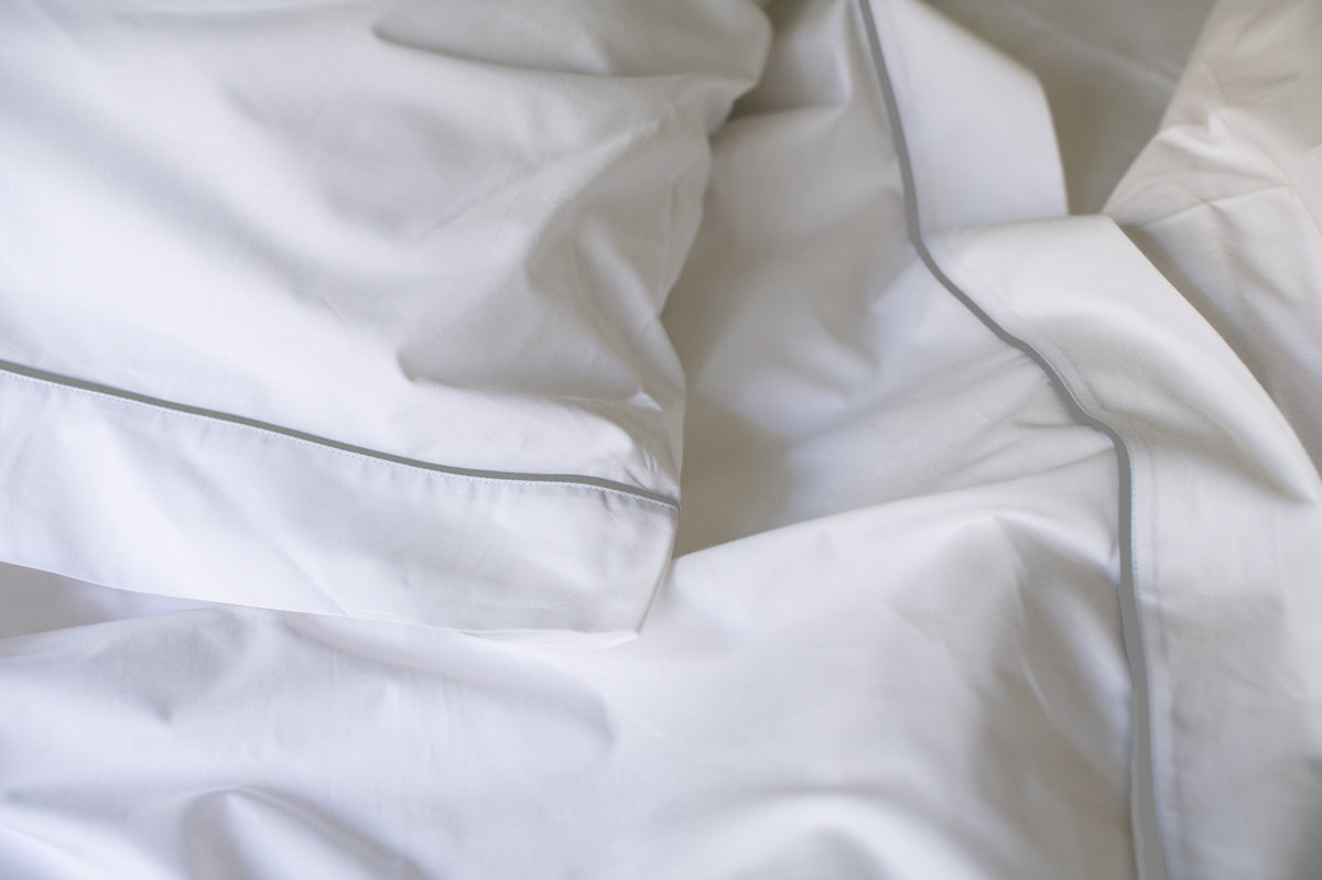 Closeup of Pillowcase and Sheet Hem Grey Bed Sheet Set Classic Piping Design Cotton Made in USA