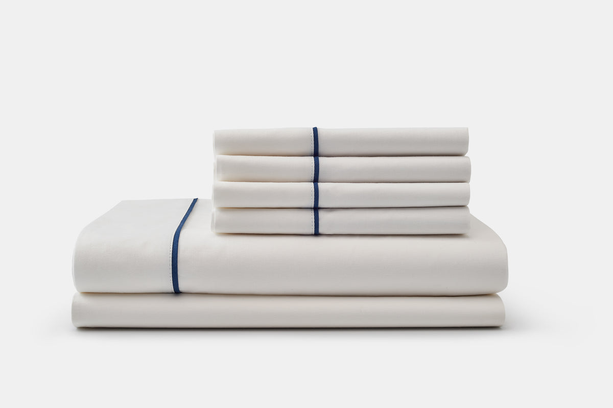 Stacked Sheet Set Bed Sheet Set Navy Blue Classic Piping Design Cotton Made in USA
