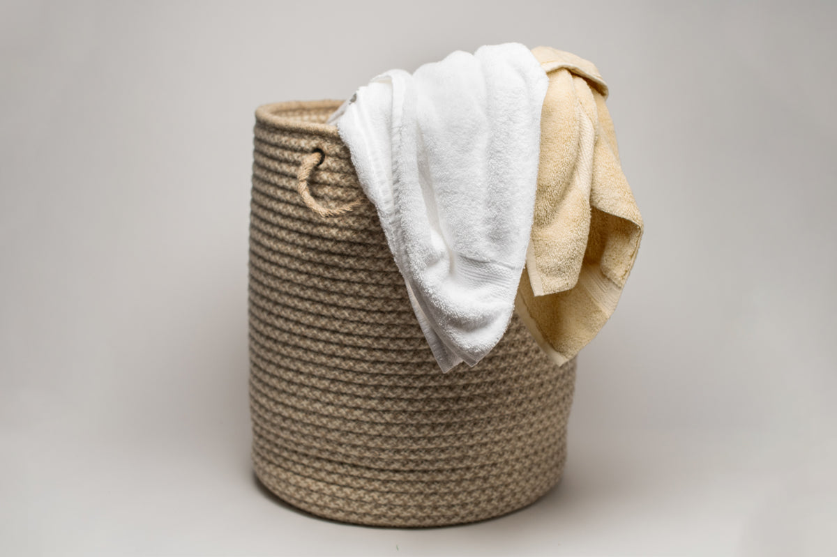 Laundry Hamper Basket with Towels Houndstooth Beige Braided Natural Wool Made in USA