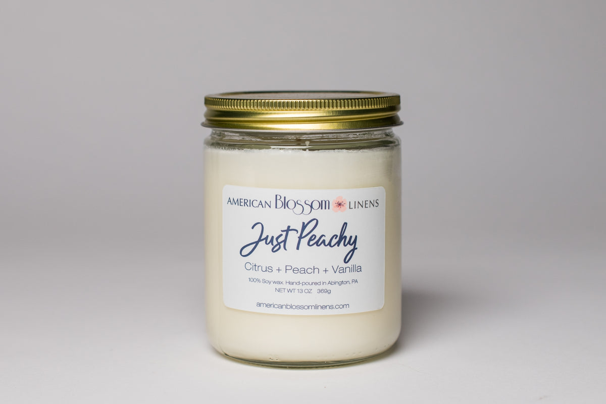 American Blossom Linens Just Peachy Candle 100% Soy hand poured in the USA.
