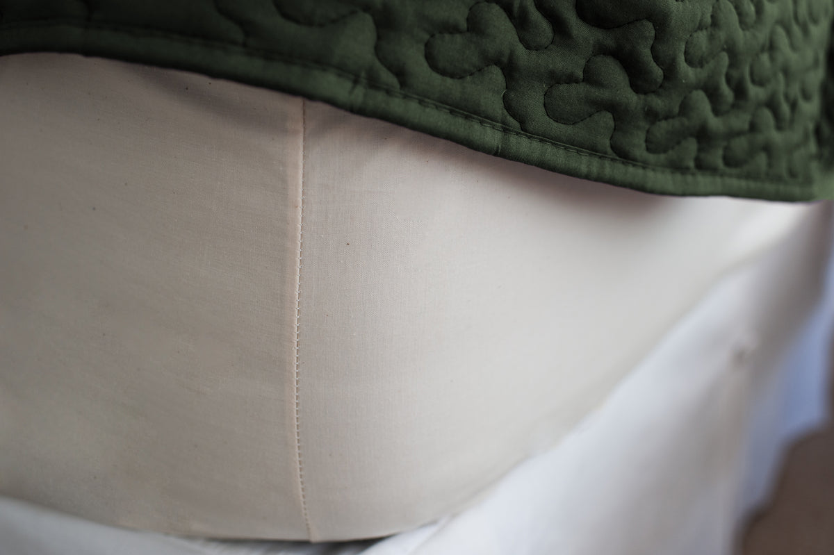 Closeup of Corner Color Natural Single Fitted Bed Sheet [Separate] Cotton Made in USA