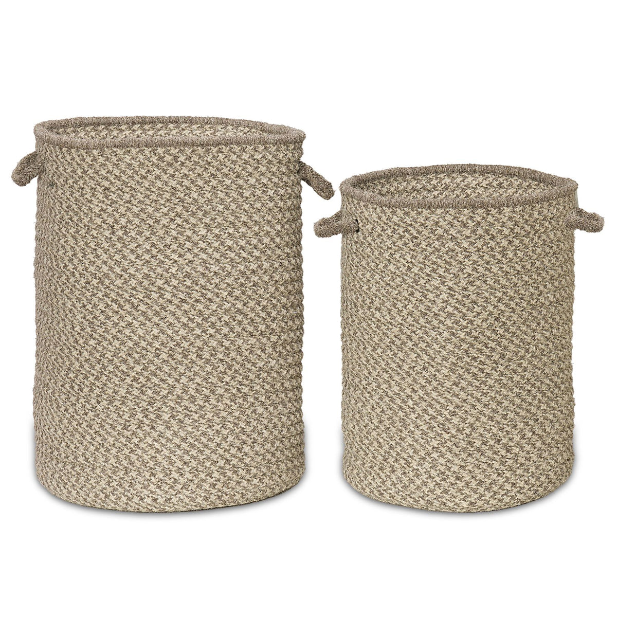 A small and a large dark grey houndstooth American Made wool hampers