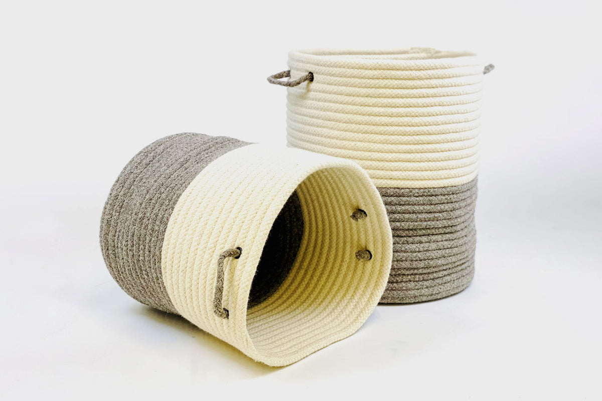 Laundry Hamper Basket Two-Tone Dark Grey Braided Natural Wool Made in USA
