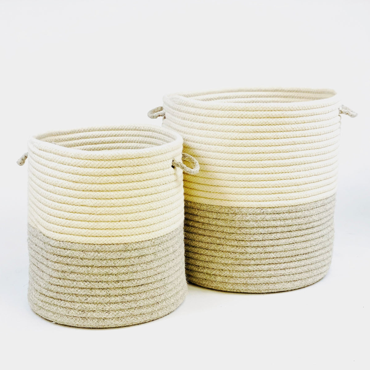 Laundry Hamper Basket Two-Tone Light Grey Braided Natural Wool Made in USA