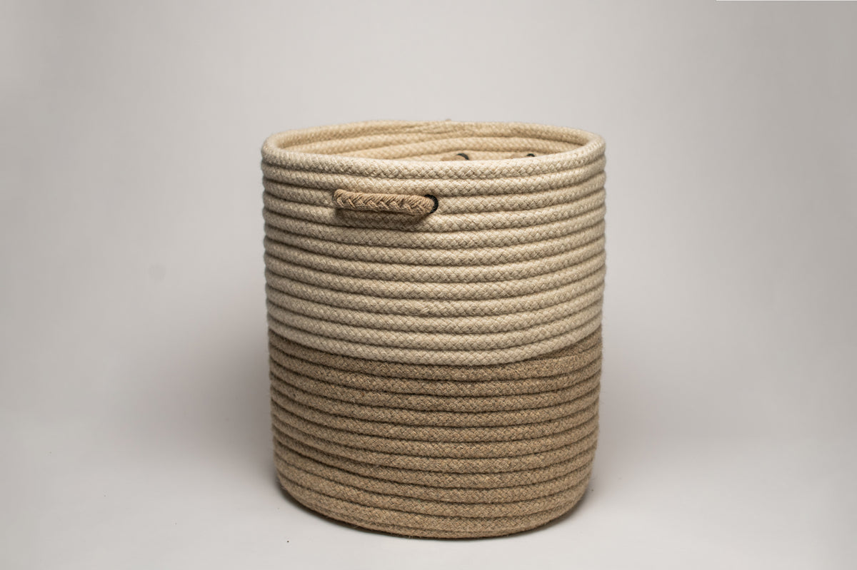 Laundry Hamper Baskets Two-Tone Beige Braided Natural Wool Made in USA