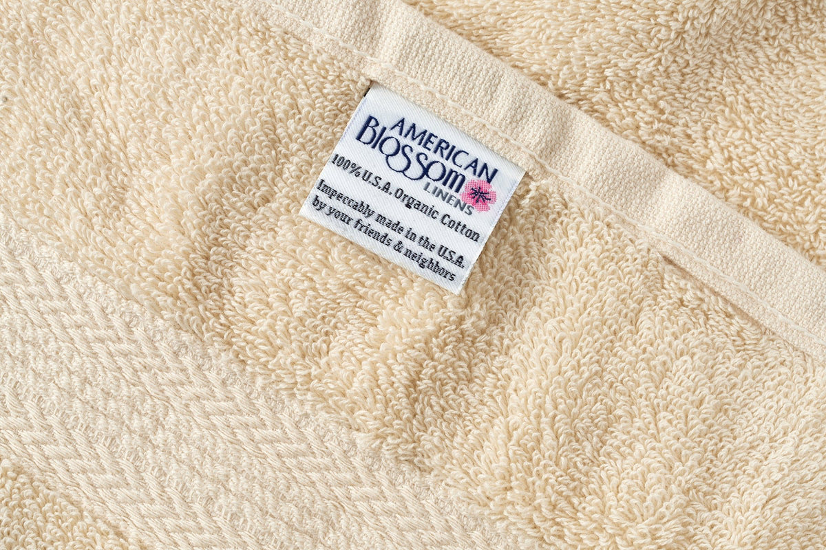 Closeup of Tag Color Natural Bath Towels Ethically Made Luxury Cotton Made in USA
