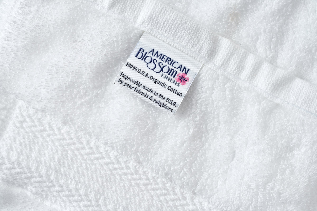 Closeup of Tag Color White Bath Towel Set Ethically Made Luxury Cotton Made in USA