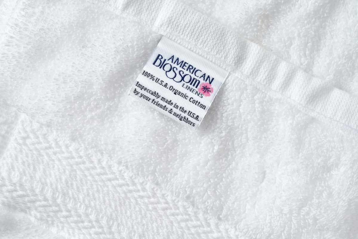 Closeup of Tag Color White Bathroom Hand Towels Luxury Natural Cotton Made in USA